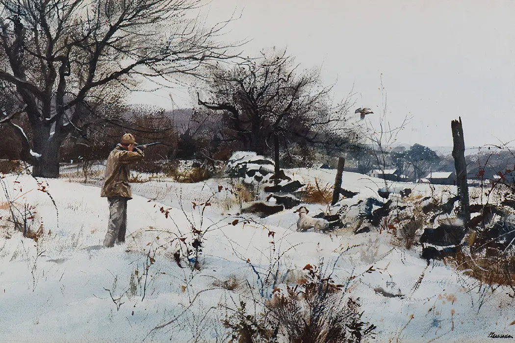 Painting of man wingshooting