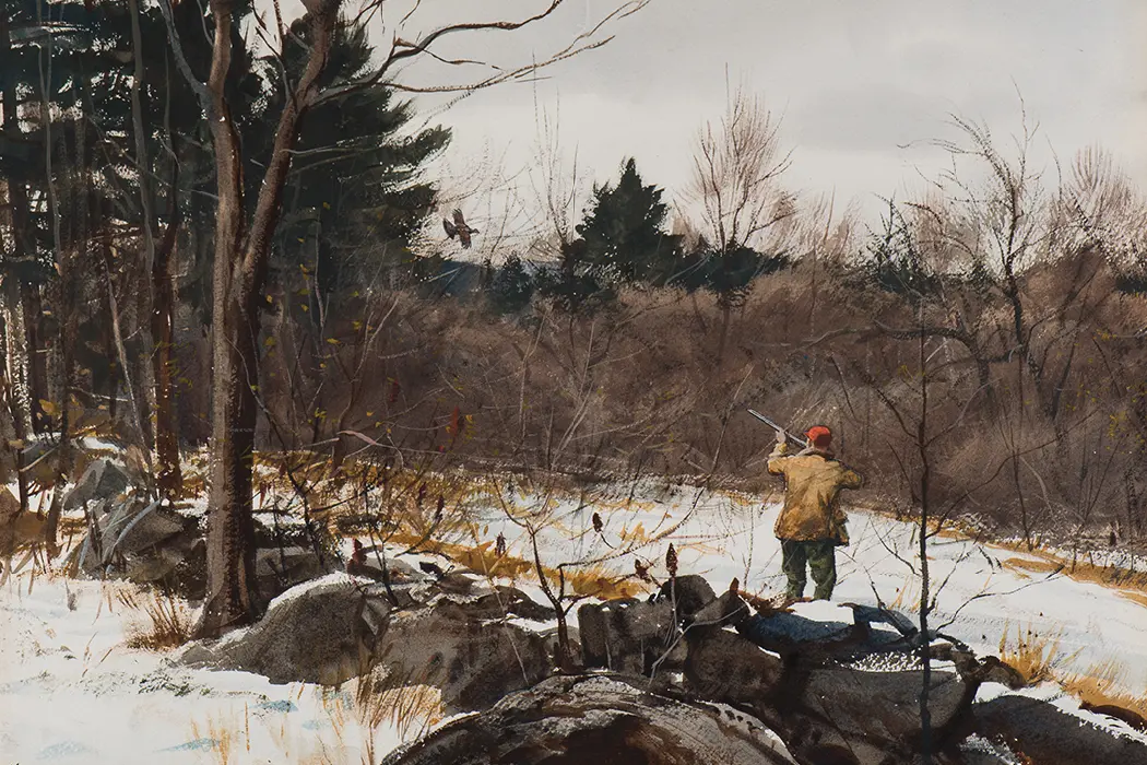 Painting of man wingshooting in snow