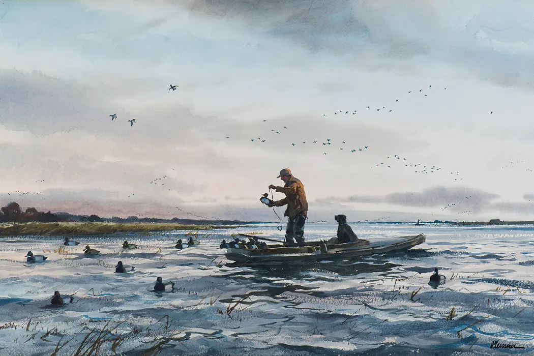Painting of man putting duck decoys out on boat