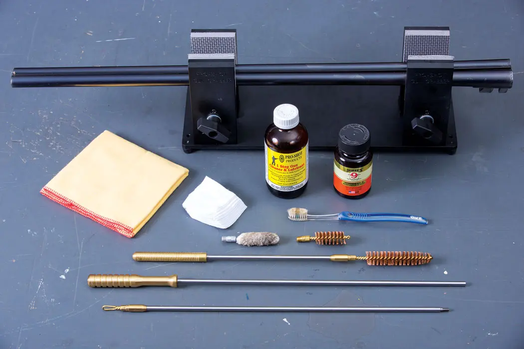 Tools for routine cleaning and maintenance include a rod, bore and chamber brushes, patches, solvent, oil, a bore mop, a toothbrush and clean, lint-free cloths.