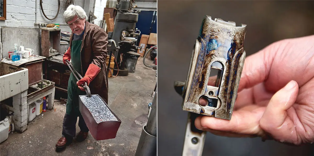 Left: Robin Brown removes a packed pot from the kiln and heads for the cold-water quench. Right: an action body freshly imbued with color and a hardened surface.
