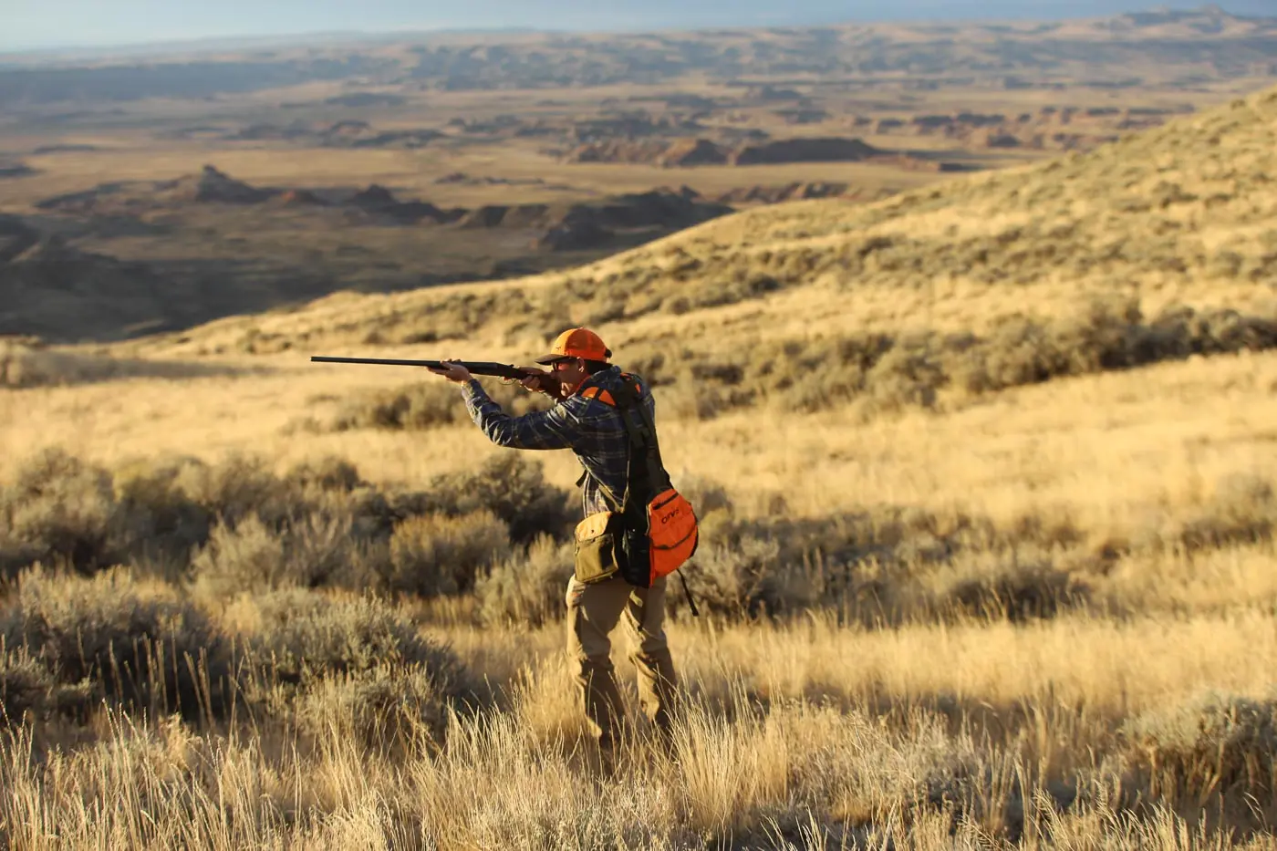 Man aiming gun down sights
