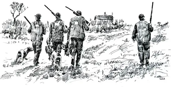 drawing of hunters in the field