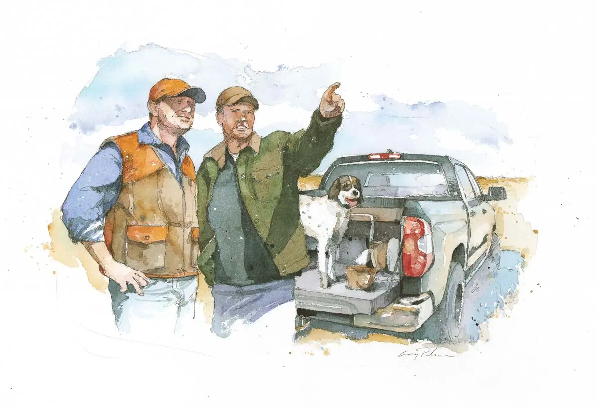 painting of hunters with dog Gary Palmer