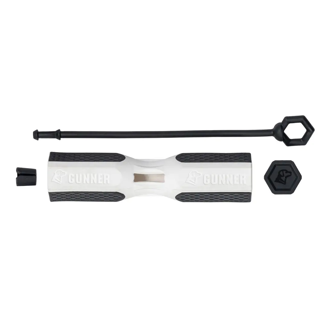 white and black gunner dog bumper.