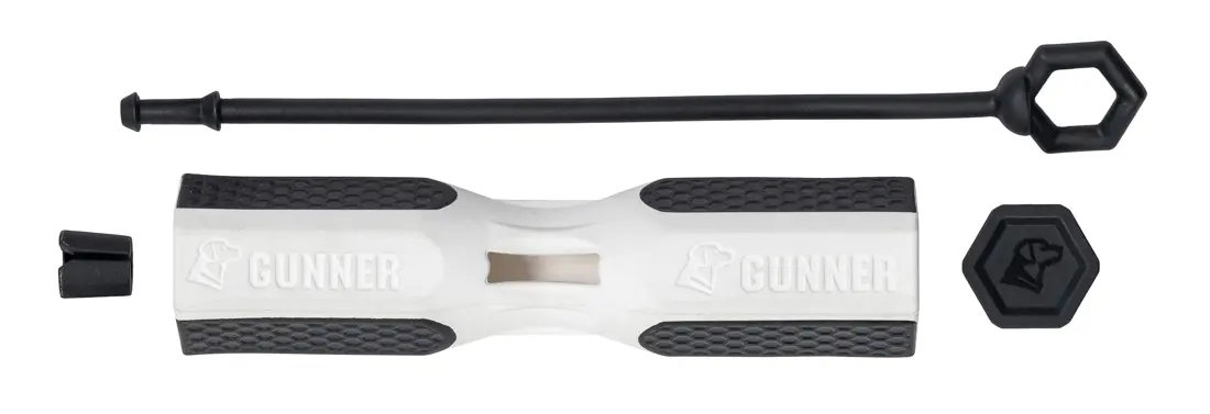 white and black gunner dog bumper. 