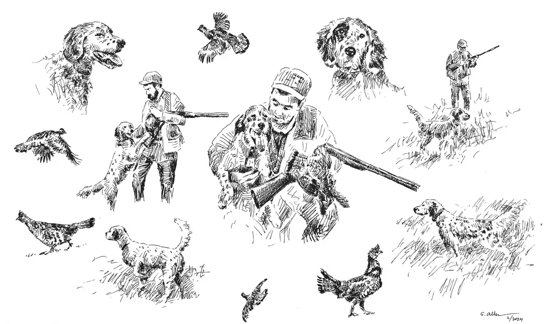 sketch of a hunter, birds and dogs