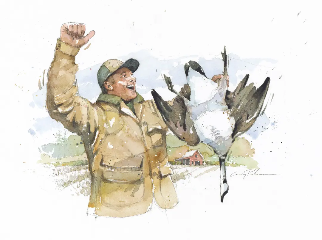 painting of a hunter happily holding a bird