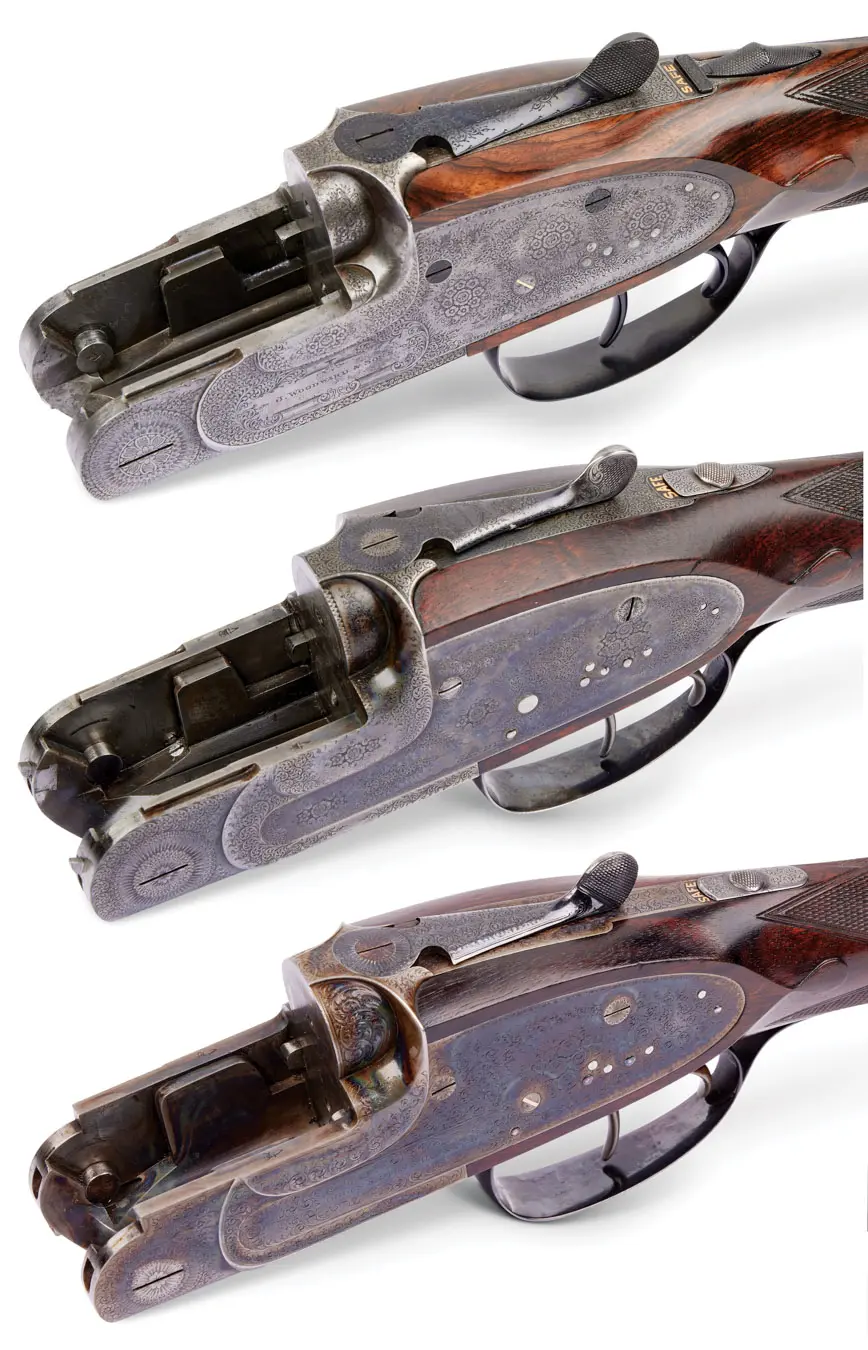 An original Woodward action; a Henry Atkin over/under, most likely actioned by Charles Hill, using Woodward’s action patent; an Ogden Smiths & Hussey Imperial Ejector using a simplified form of the Woodward action developed by Charles Hill.