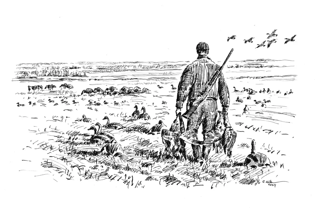 Sketch of hunter with birds in a field