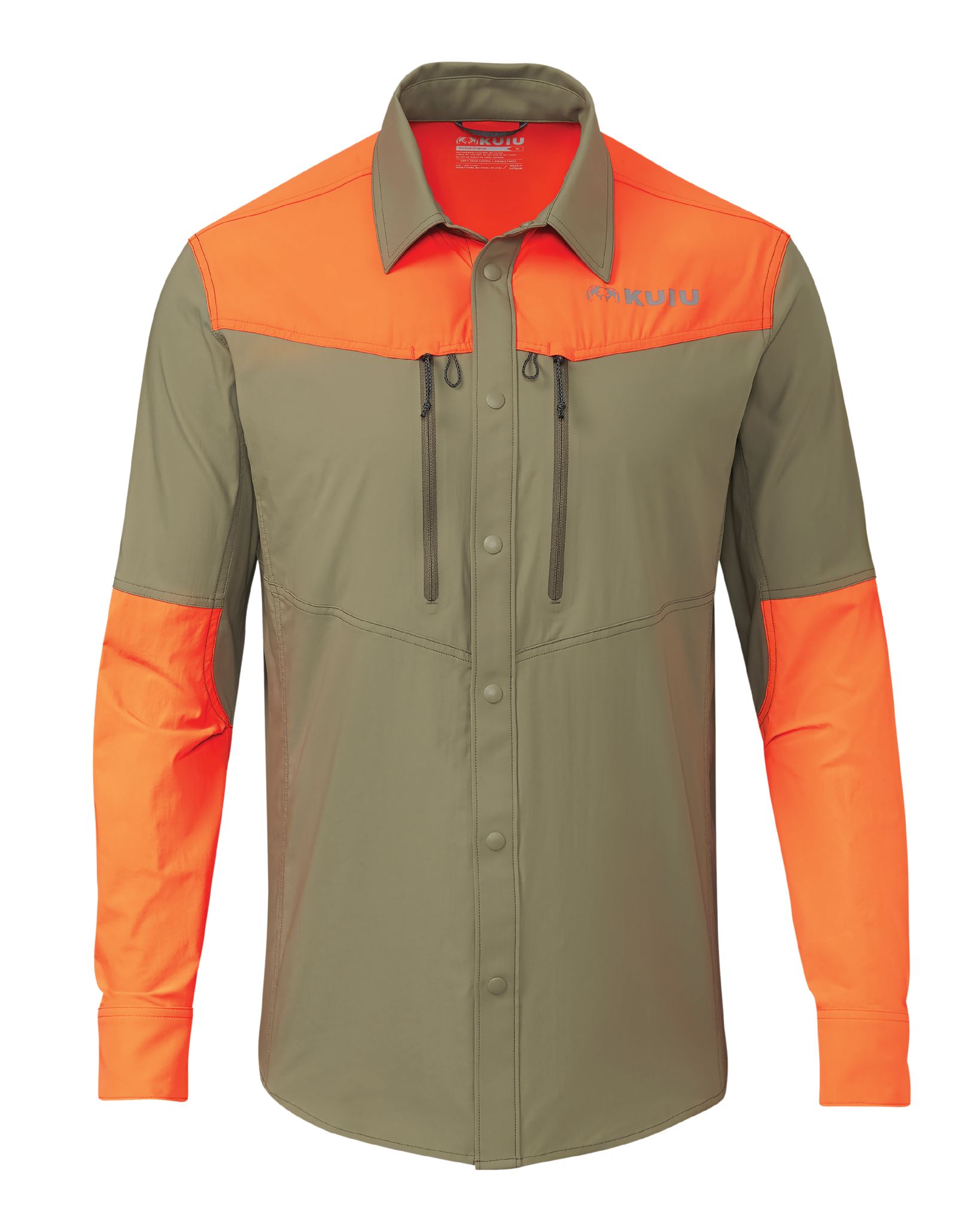 Kuiu's Upland Sporter Shirt in Khaki/Blaze Orange