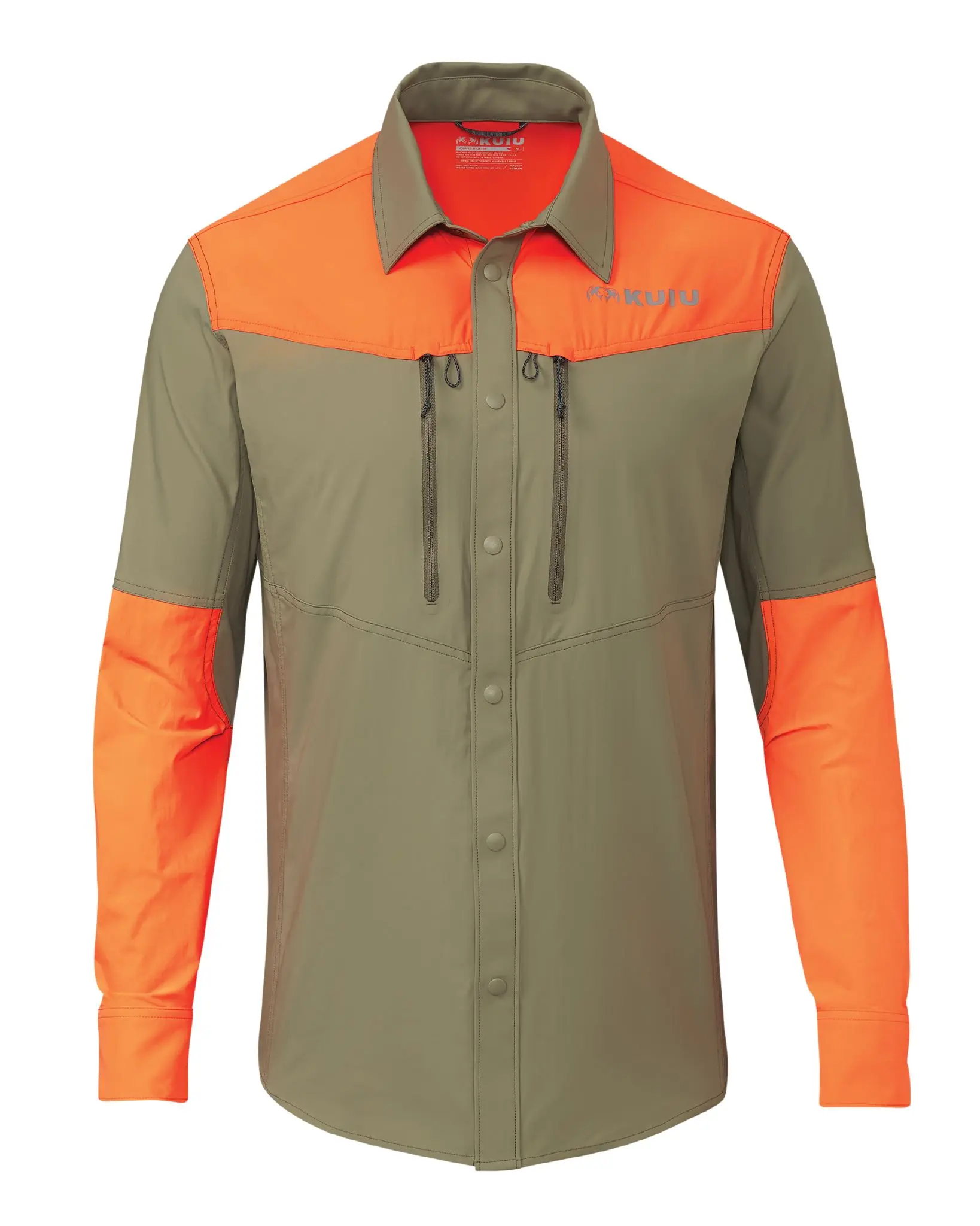 Kuiu's Upland Sporter Shirt in Khaki/Blaze Orange
