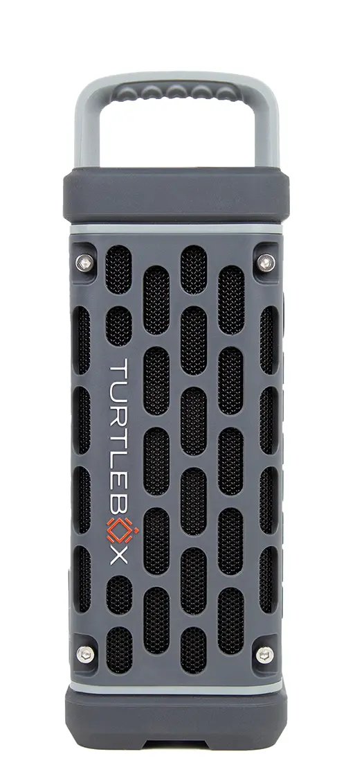 The turtlebox ranger portable speaker. Speaker is grey and rectangle shaped. 